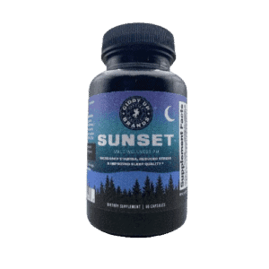 Image of front side of SUNSET supplement bottle which contains Wellness and PM formulas