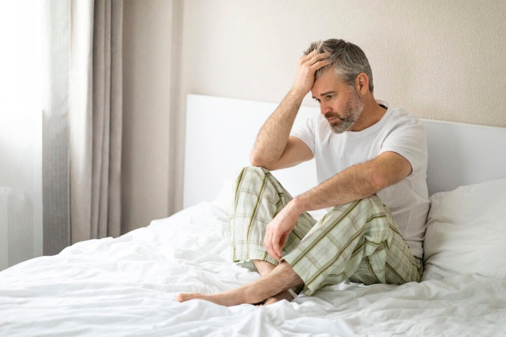 Middle aged man upset and tired in bed - getting up to pee and in pain from prostate issues - Could Maca be the support he is looking for?