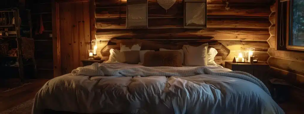 bed in log cabin bedroom, dimmed lights with homely look. Improve your sleep quality in this comfy bed.