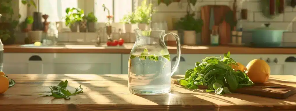 glasses of water, water pitcher, healthy food, wooden table in kitchen. water and metabolism benefits