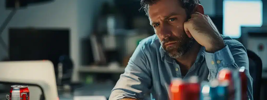 40 year old man, sitting at office desk, looking tired from poor nights sleep.  he is holding a soda and 3 empty soda cans on the desk.