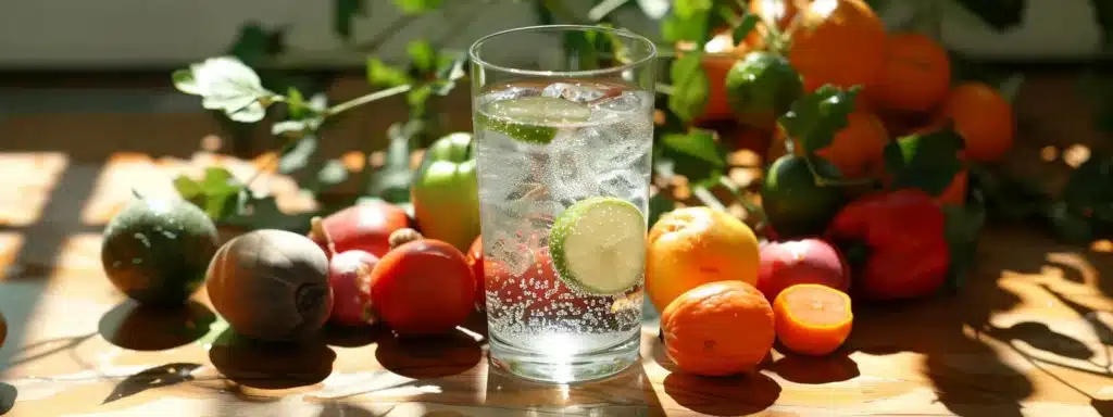 a refreshing glass of crystal-clear water surrounded by colorful fruits and vegetables on a wooden table, representing the importance of hydration in boosting metabolism. water and metabolism benefits