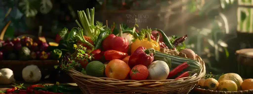 vibrant, colorful produce arranged in a basket with chili peppers and probiotic-rich foods, showcasing a metabolism-friendly grocery list for a healthy lifestyle.