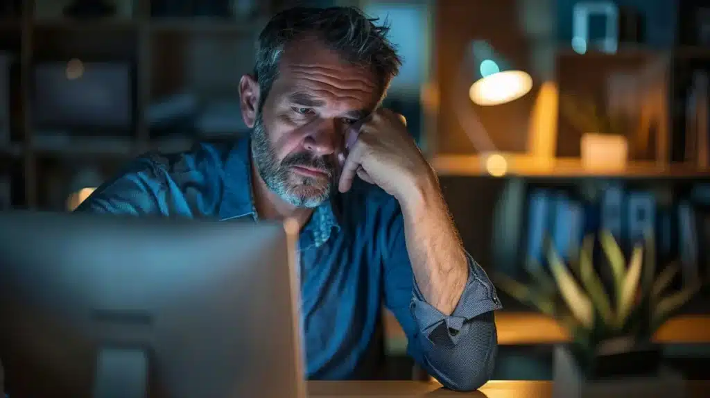 middle aged 40 year old man and computer workstation looking stressed and tired from overthinking and could use a good anxiety and stress reliever