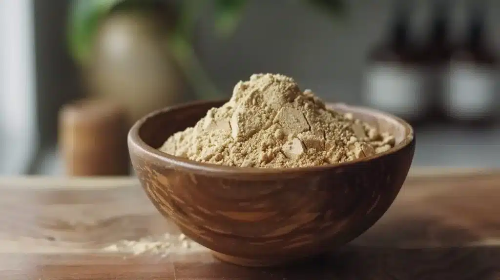 maca root powder in wooden bowl on table is great for anxiety and stress reliever