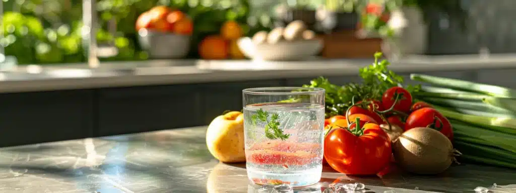 a clear glass of water sitting on a kitchen counter surrounded by fresh fruits and vegetables, emphasizing the importance of hydration for metabolism and overall health. water and metabolism benefits