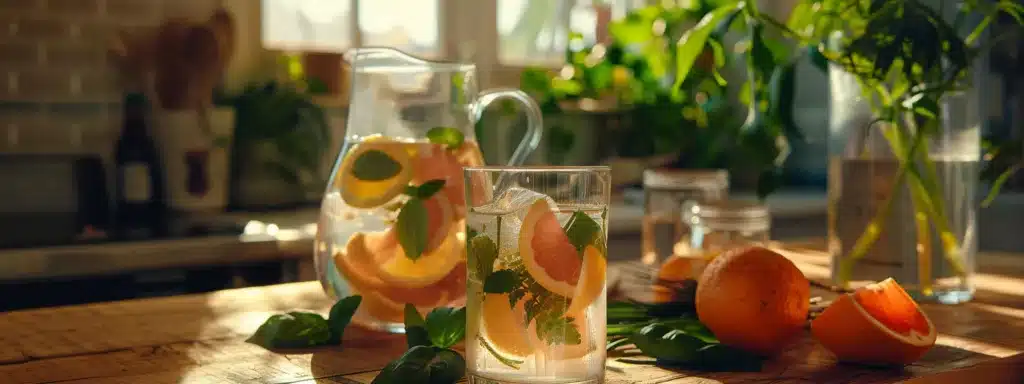 water glasses, pitcher, health food on wooden table in kitchen. water and metabolism benefits