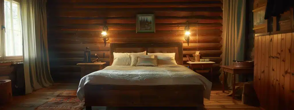 bed in log cabin bedroom, dimmed lights with homely look. Unlock sleep quality and metabolism.