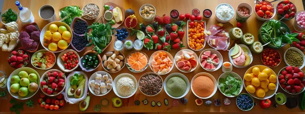 a colorful array of enzyme-rich fruits, vegetables, fermented foods, proteins, and beverages displayed on a vibrant, health-conscious kitchen table. Boost Your Metabolism