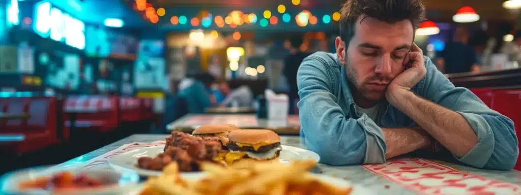 tired man at a diner looking at unhealthy food. Exploring the Sleep Deprivation Effects on Metabolism - Sleep Loss and Appetite Regulation