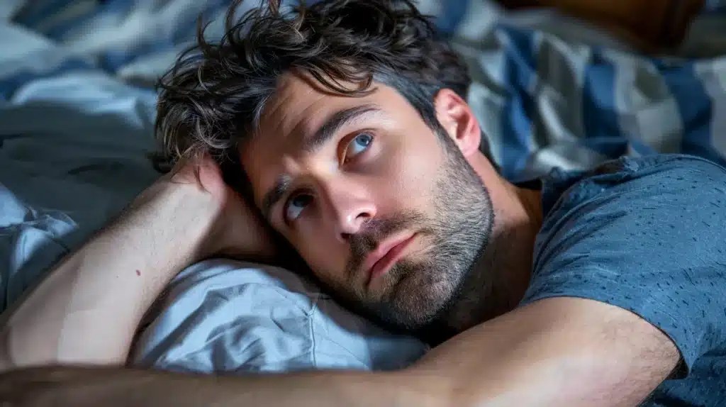 a tired man lying in bed with a sleep tracker showing alarmingly low testosterone levels.