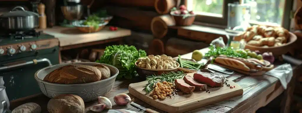 wooden kitchen table in log cabin with health ingredients of nuts in a bowl, leafy vegetables on a cutting board, fresh bread and steak.