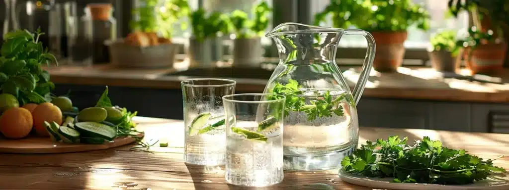 glasses of water, water pitcher, healthy food, wooden table in kitchen. water and metabolism benefits