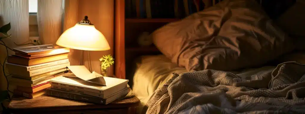 in a dimly lit bedroom, a peaceful sleeper rests under a cozy blanket while a soft glow from a bedside lamp illuminates a stack of books about sleep and metabolism on the nightstand.