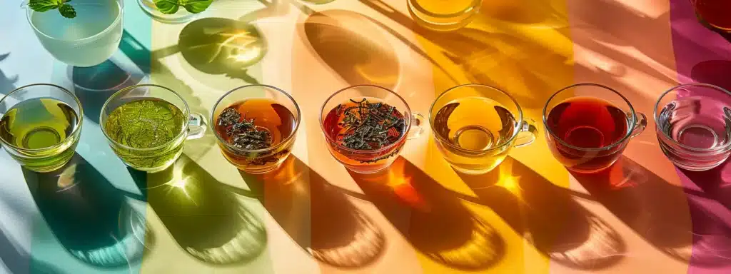 A colorful array of beverages, including green tea, coffee, water, and herbal tea, arranged on a vibrant table, showcasing their revitalizing properties for energy and metabolism.