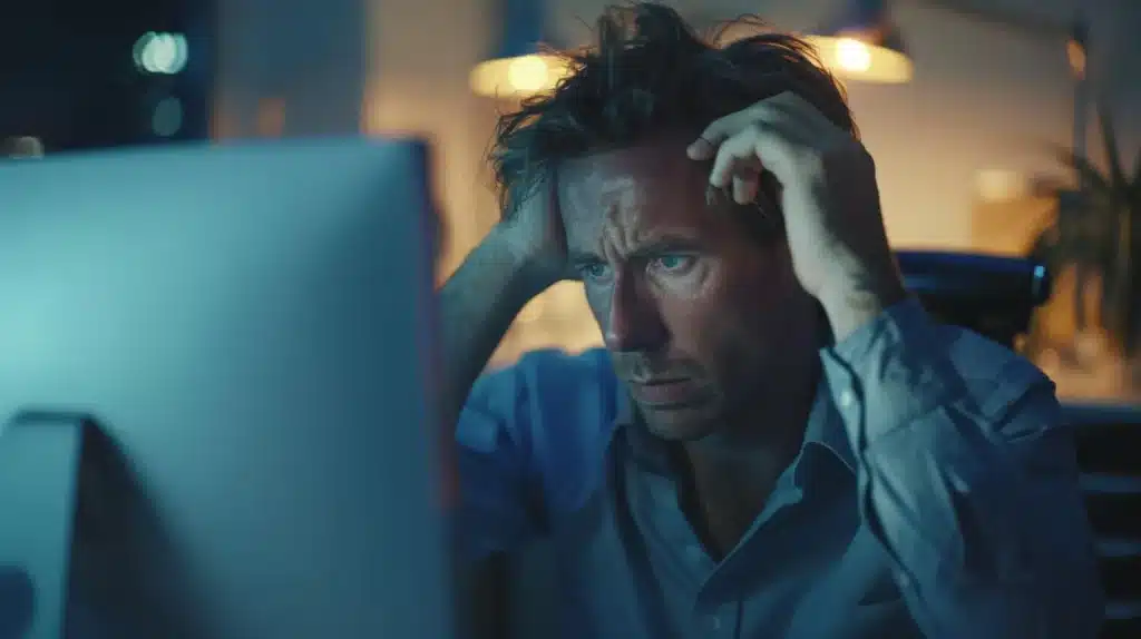 man looking stressed at work computer late into evening. sleep and testosterone