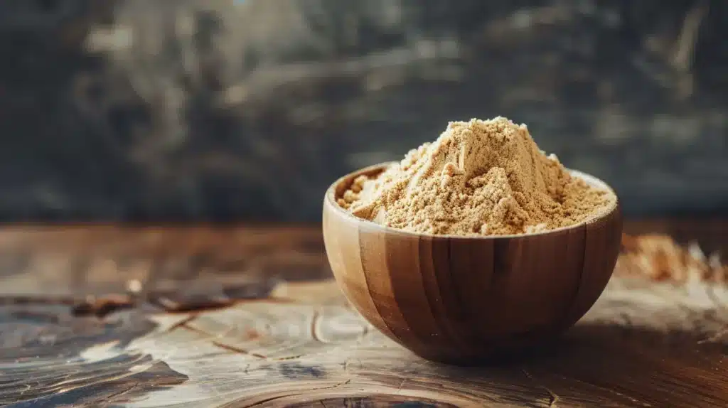 maca root powder in wooden bowl on table - one of the best anxiety and stress reliever