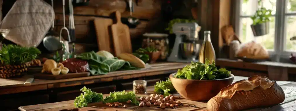 wooden kitchen table in log cabin with health ingredients of nuts in a bowl, leafy vegetables on a cutting board, fresh bread and steak.