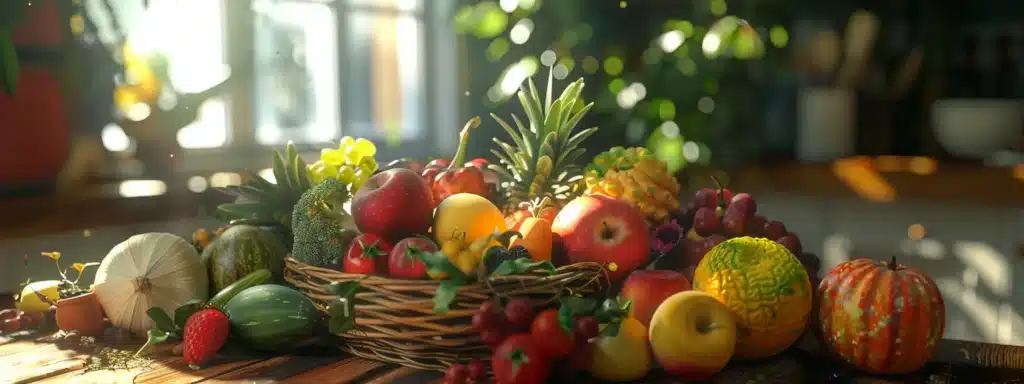 basket on wooden table filled with fresh produce in farm like kitchen. Foods to boost your metabolism.