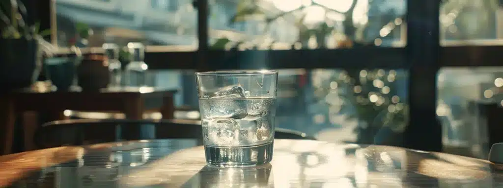 a clear glass of water sitting on a table, reflecting the light and showing the importance of hydration in maintaining a healthy body. water and metabolism benefits