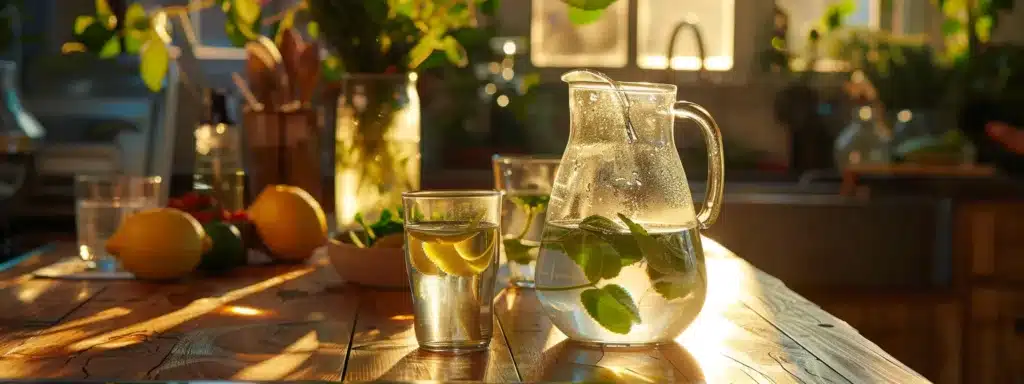 water glasses, pitcher, health food on wooden table in kitchen. water and metabolism benefits