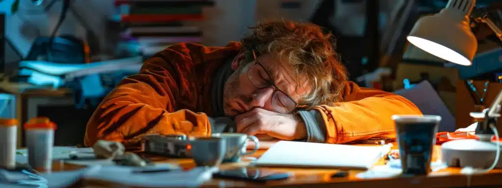 a tired man struggling to stay awake at his desk, surrounded by empty coffee cups and a disorganized workspace. sleep and testosterone