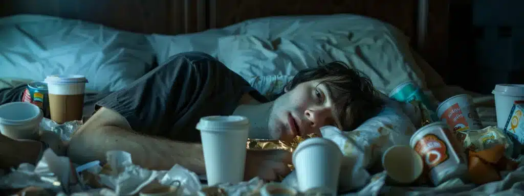 a tired individual surrounded by empty coffee cups and junk food wrappers, with a disheveled bed in the background, highlighting the negative impact of sleep deprivation effects on metabolism.