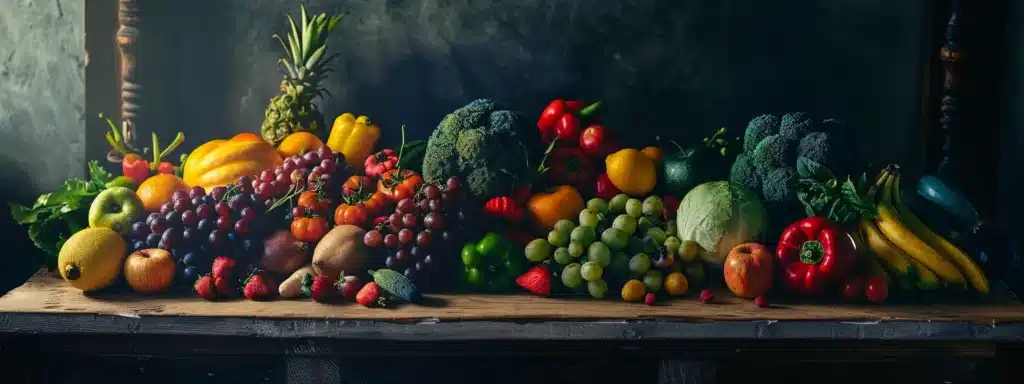 a vibrant array of colorful fruits and vegetables piled high on a wooden table, showcasing the natural ingredients essential for boosting metabolism and energy levels.