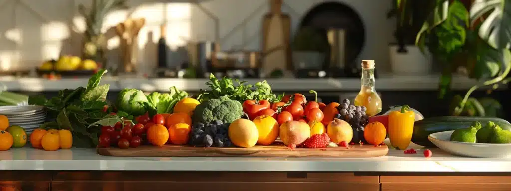 A colorful array of fresh fruits and vegetables laid out on a kitchen counter, showcasing the connection between enzyme-rich foods and metabolic health. Boost Your Metabolism