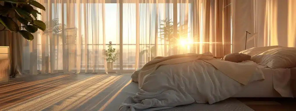 a serene bedroom at sunrise, with soft natural light streaming through sheer curtains onto a peacefully sleep and Hormones