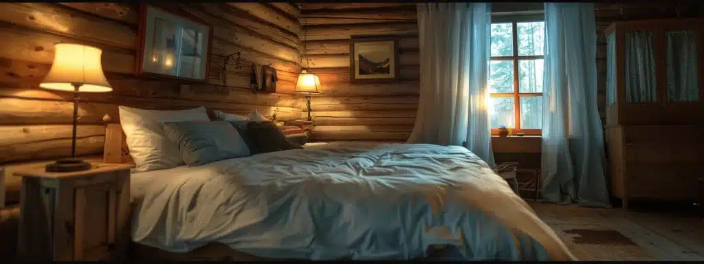 bed in log cabin bedroom, dimmed lights with homely look. Sleep Quality and Your Metabolism