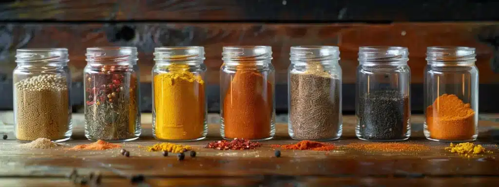 A colorful array of spices and herbs, including vibrant cayenne pepper, zesty ginger, golden turmeric, fragrant cinnamon, and peppery black pepper, displayed in jars on a rustic wooden table to showcase their potential to enhance metabolic function and energy levels. Natural Metabolism Booster