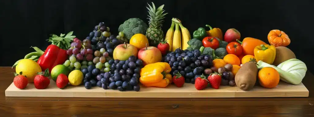 a colorful array of fresh fruits and vegetables, neatly arranged on a wooden cutting board, showcasing the vibrant variety of enzyme-rich foods recommended for a balanced diet. boost your metabolism.