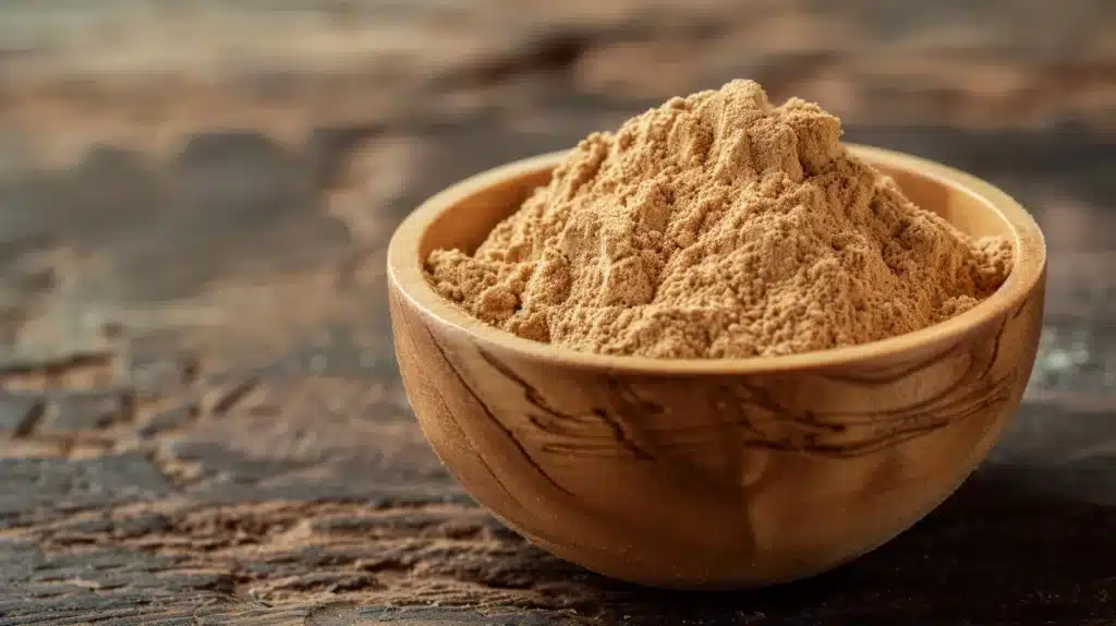 maca root powder as an anxiety and stress reliever in wooden bowl on table