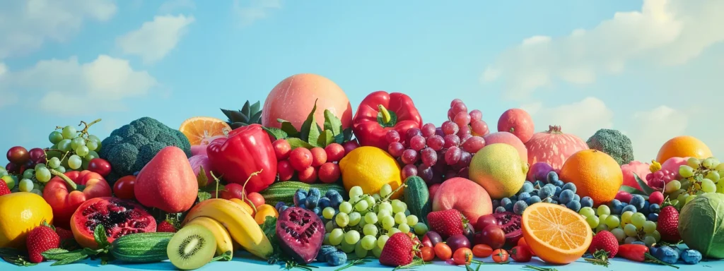 a vibrant array of colorful fruits and vegetables, bursting with enzymatic goodness, set against a backdrop of a clear blue sky.