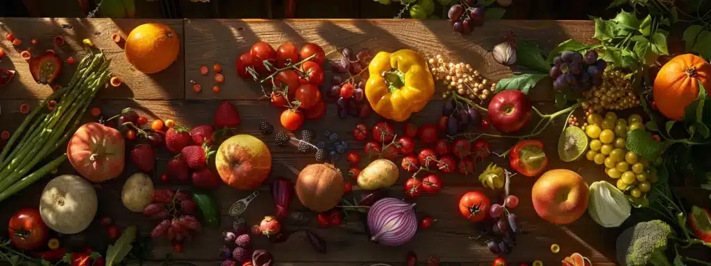 a colorful array of vibrant fruits and vegetables scattered on a wooden table, showcasing an assortment of foods that naturally boost metabolism.