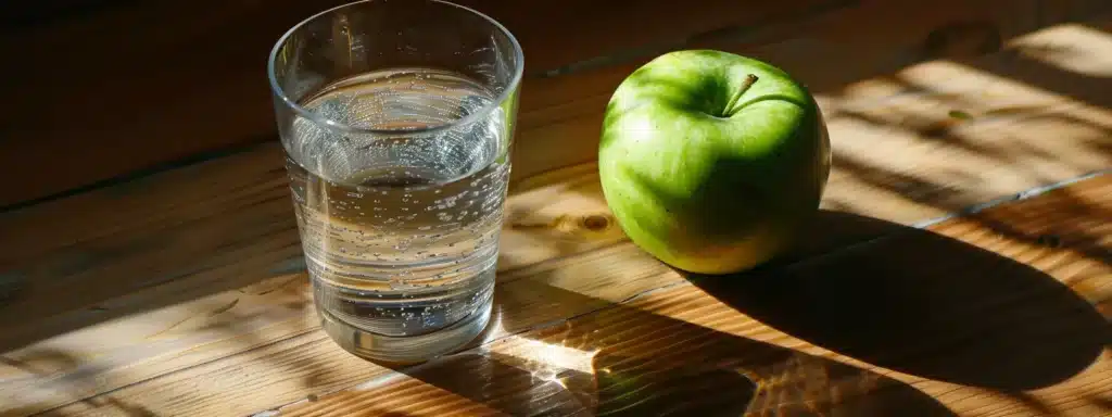 a sparkling glass of water next to a vibrant green apple on a wooden table. learn more about water and metabolism