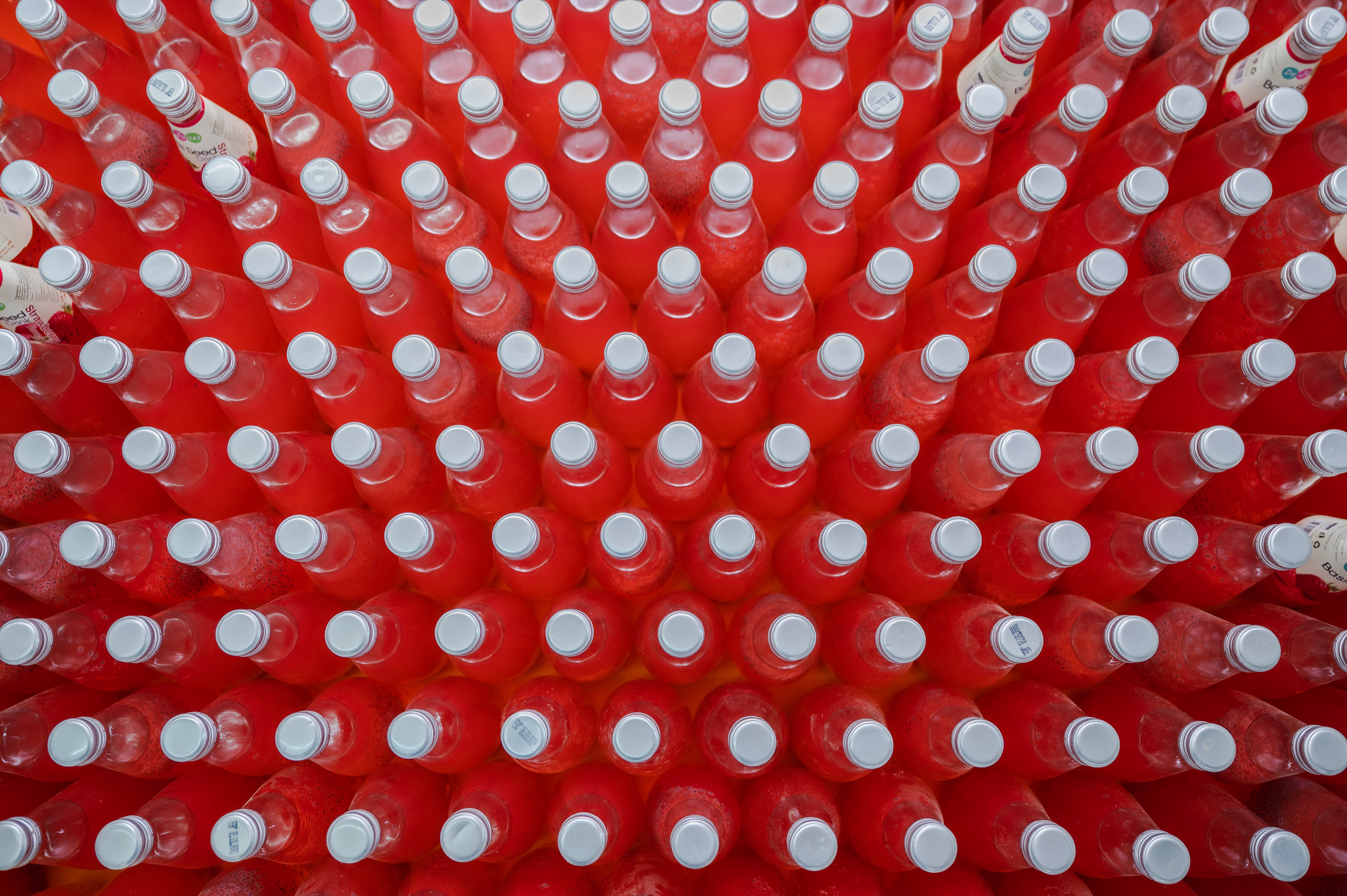 perfectly aligned bottles fill with red drink to discuss harmful effects of red dye 40