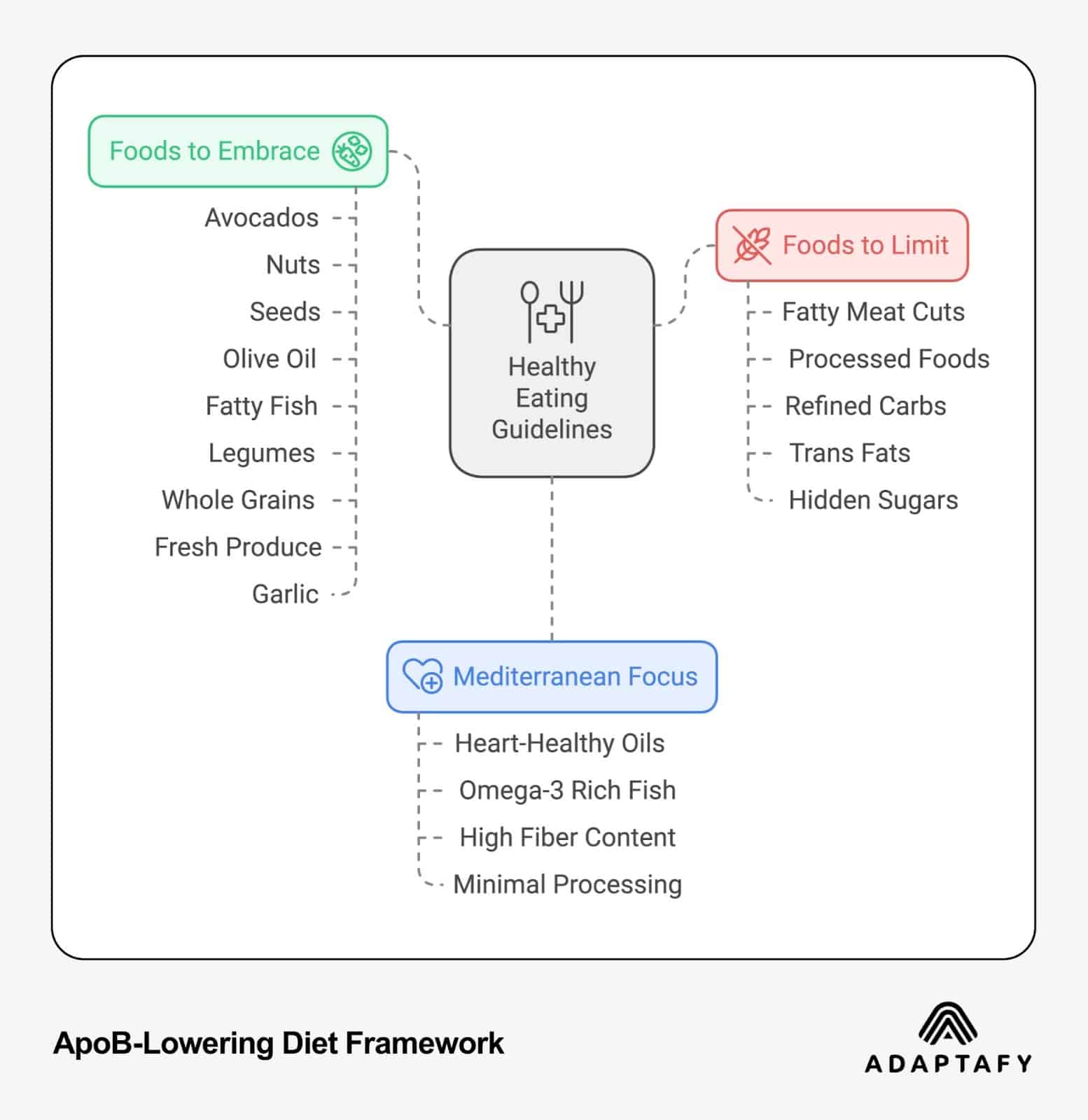 ApoB-lowering diet framework diagram showing three categories: Foods to Embrace (avocados, nuts, olive oil, etc.), Foods to Limit (fatty meats, processed foods, etc.), and Mediterranean Focus (heart-healthy oils, omega-3 fish) with healthy eating guidelines at center. How to Lower ApoB by ADAPTAFY