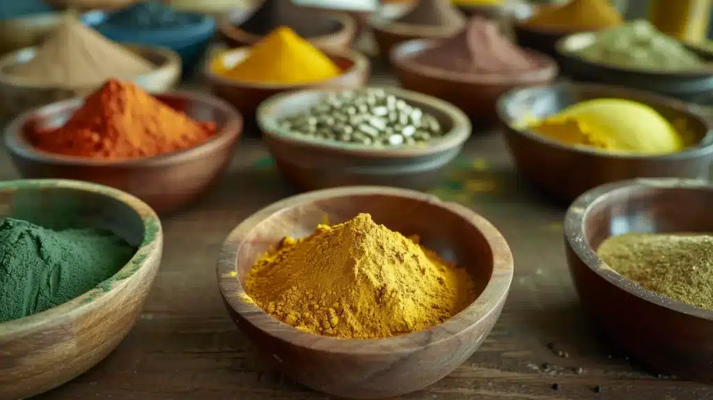 a table filled with a bunch of difference colored powders / supplements for workout recovery in different size wooden bowls