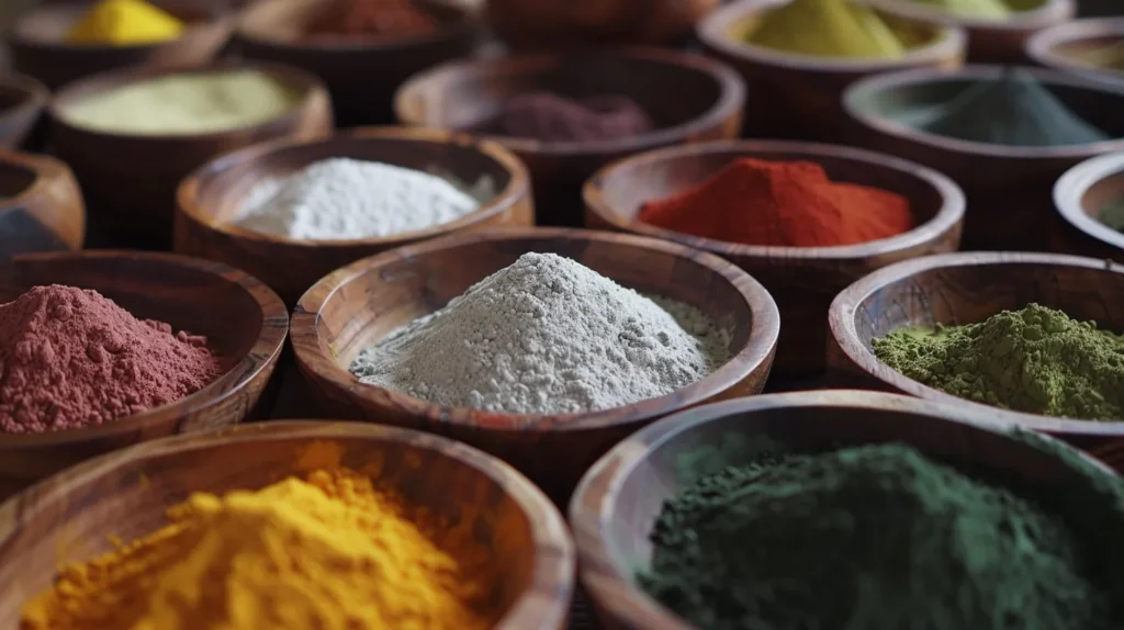 a table filled with a bunch of difference colored powders / supplements for workout recovery in bowls