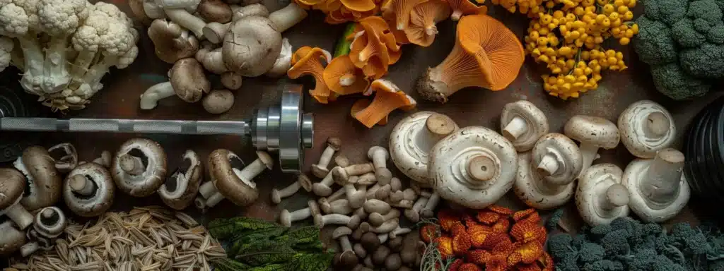 a group of mushrooms and herbs for supplements for workout recovery