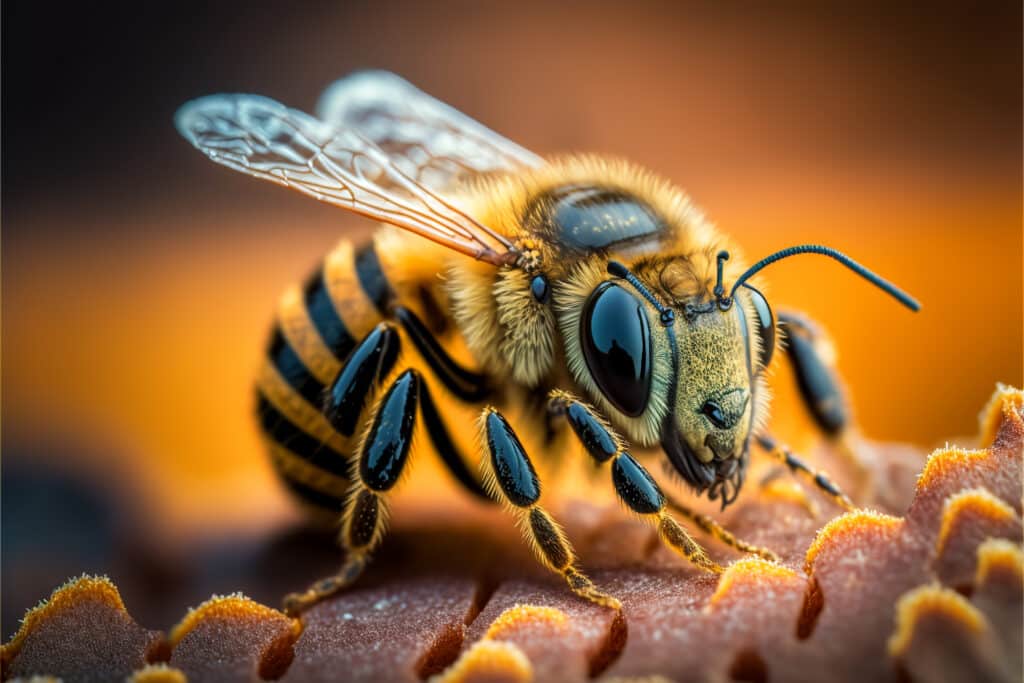 A close up micro image of a honey bee collecting pollen that could be used for honey packs for men as a health supplement.