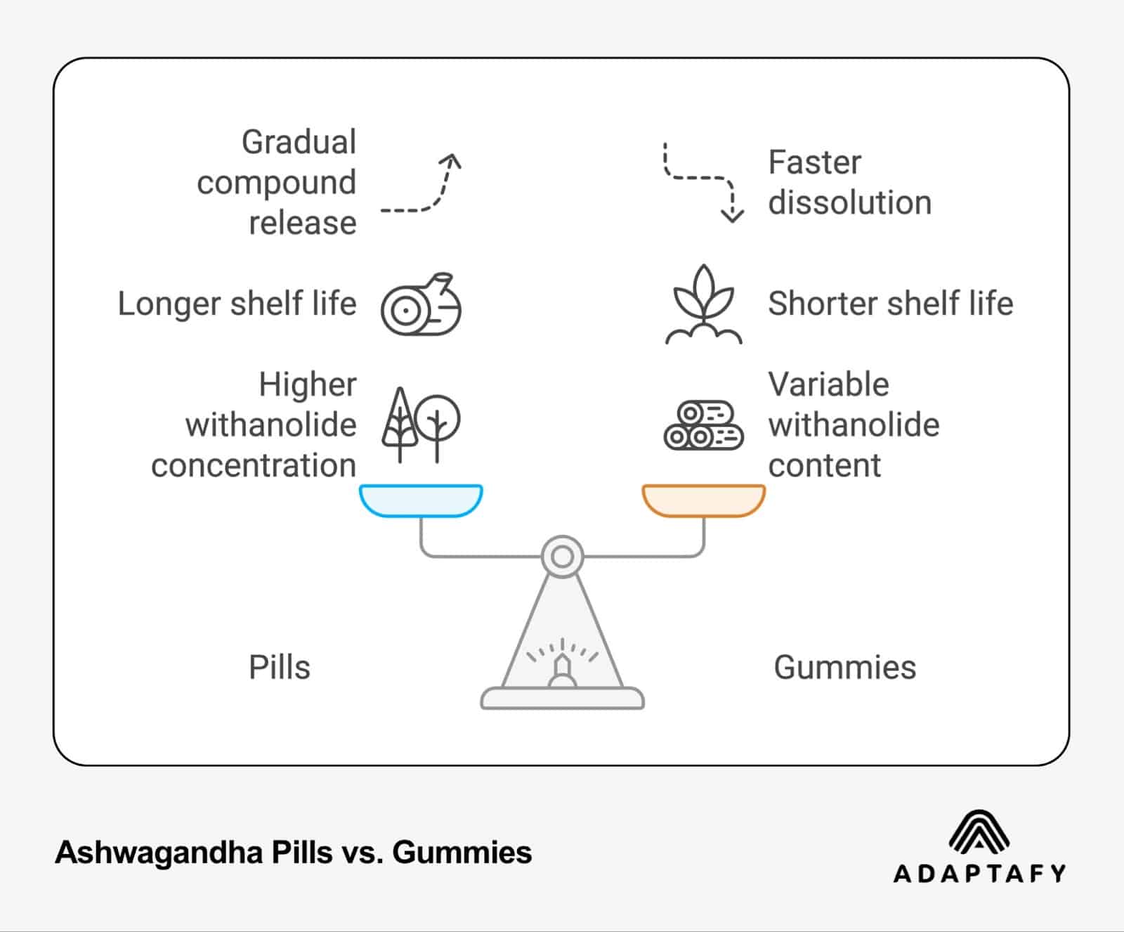 Comparison infographic of Ashwagandha Pills vs Gummies showing key differences like compound release, shelf life, and withanolide concentration using a balanced scale design with icons