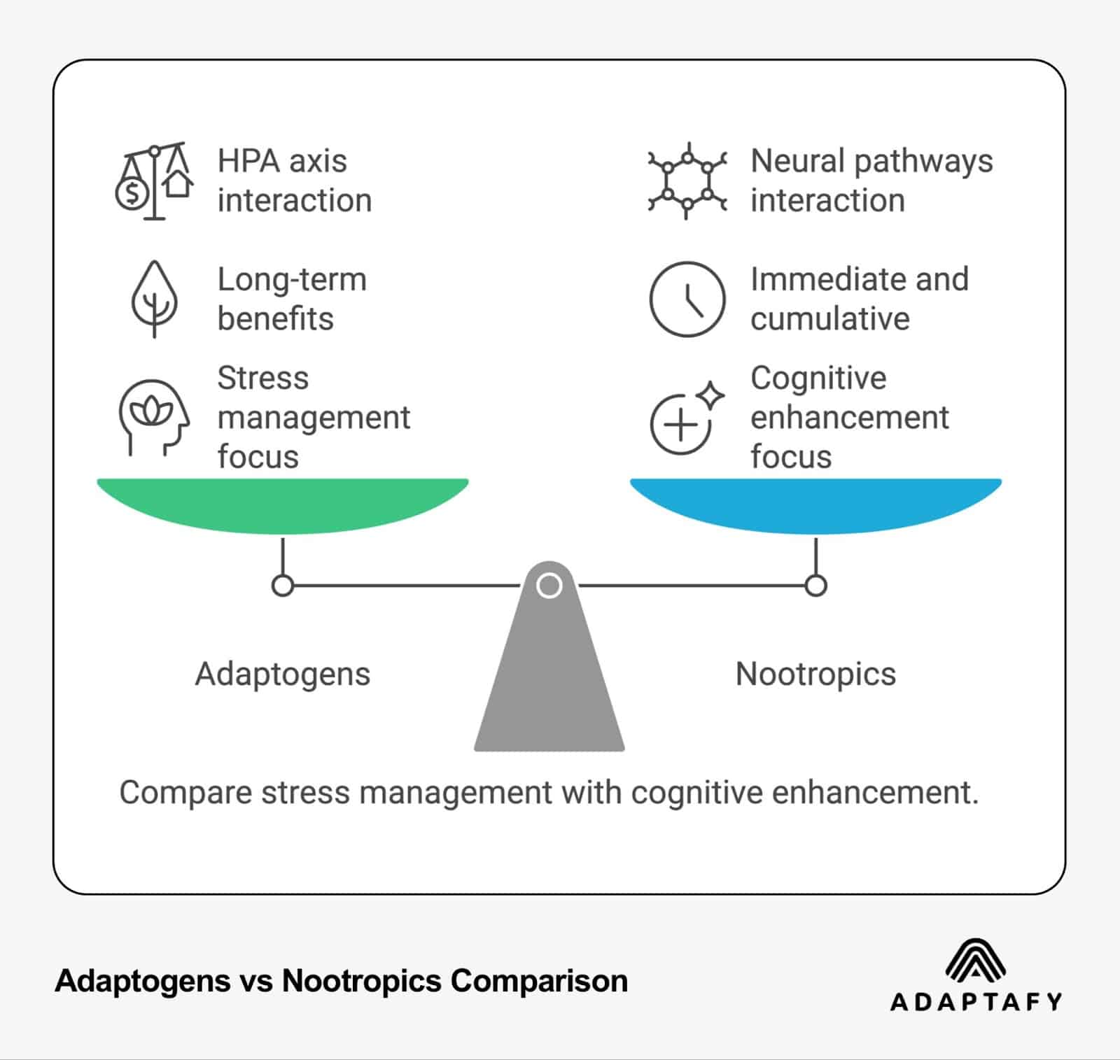 Adaptogens vs Nootropics comparison chart showing key differences in HPA axis interaction, benefits timeline, and focus area