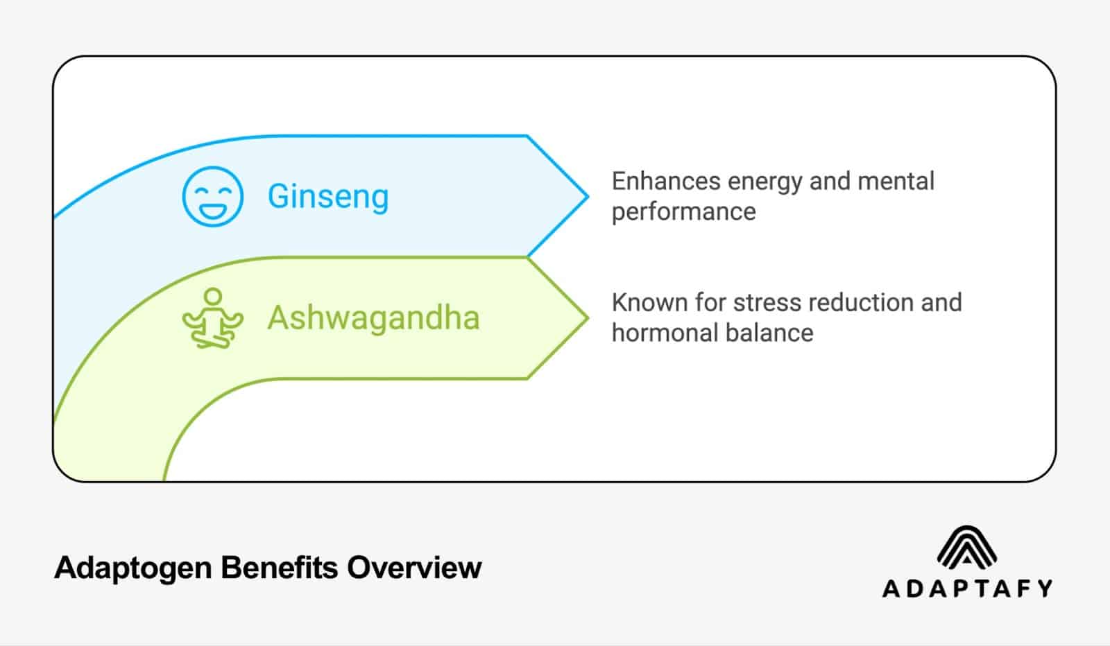 Adaptogen Benefits Overview comparing Ginseng and Ashwagandha - Ginseng enhances energy and mental performance while Ashwagandha is known for stress reduction and hormonal balance