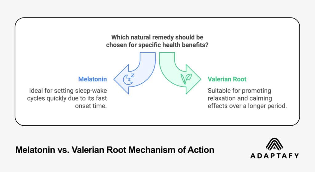 Melatonin vs Valerian Root mechanism comparison showing melatonin for quick sleep-wake cycle adjustment and valerian root for long-term relaxation effects