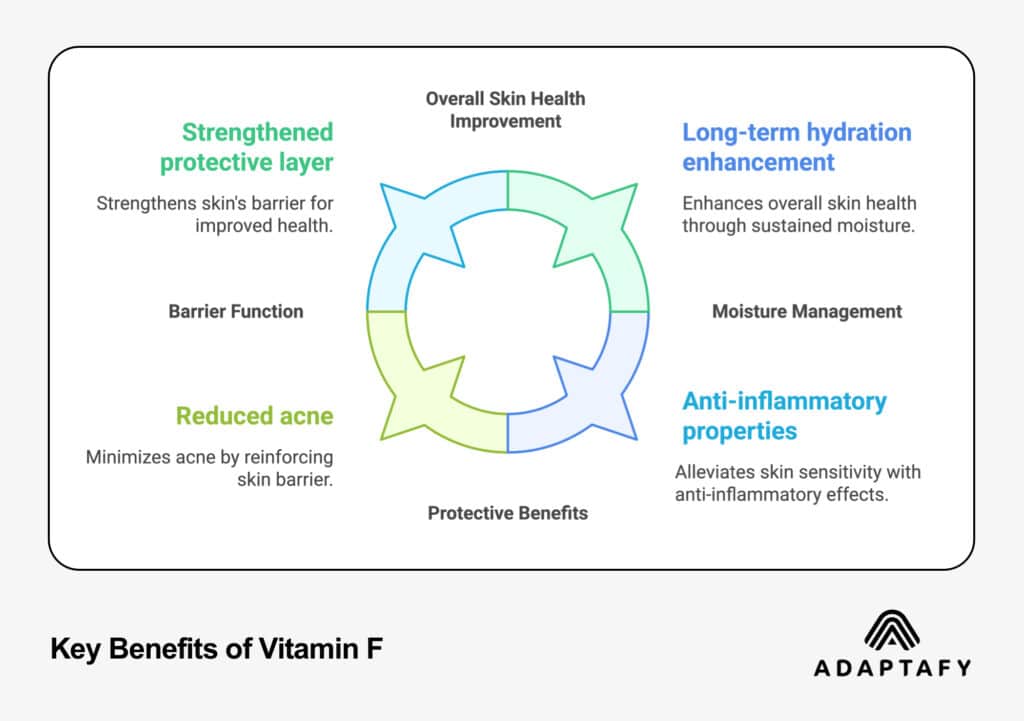 a diagram of key health benefits of Vitamin F; Strengthened Protective Layer, Long-Term Hydration Enhancement; Anti-Inflammatory Properties; Reduced Acne | ADAPTAFY 