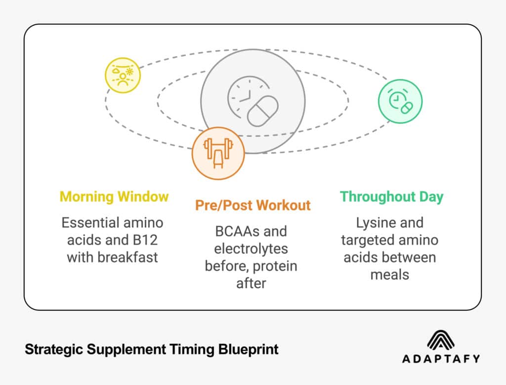 Image of Strategic Supplement Timing Blueprint for Morning Window, Pre/Post Workout, and Throughout Day by ADAPTAFY