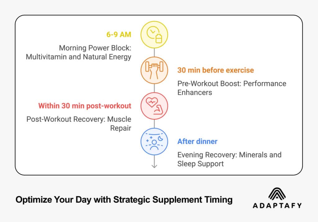 Diagram - Optimize Your Day with Strategic Supplement Timing: AM, Pre-Workout, Recovery, and After Dinner, by ADAPTAFY